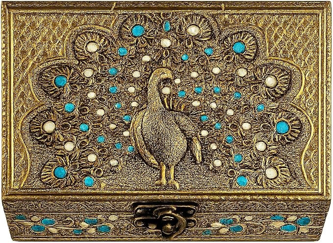 ETROVES 6 inch Jewelry Box - Handmade Portable Treasure Organiser Keepsake - Decorative Memory Storage Case Single Compartment for Women Men Jewel - Vintage Trinket Box (Peacock)