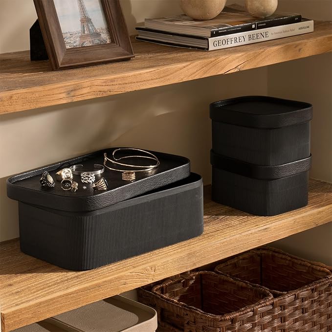LA JOLIE MUSE Decorative Storage Boxes with Lids Faux Leather, Black 3 Pack | Vegan Leather Lids, Fluted Cardboard Storage Basket, Organizer for Jewelry, Shelves, Bedroom & Closet Storage Memory Box