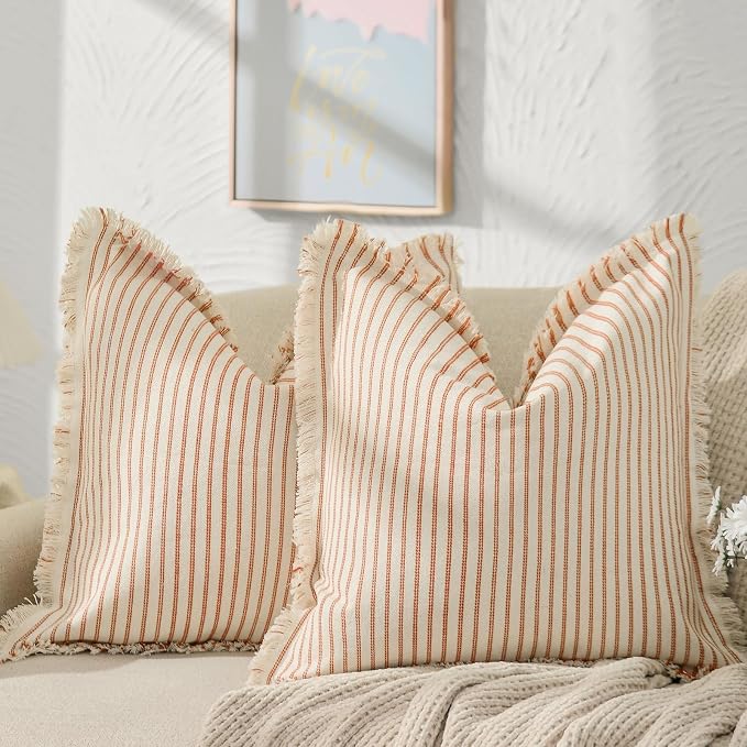 Throw Pillow Covers 22x22 Set of 2 Striped Pillow Covers with Fringe Chic Cotton Decorative Pillows Square Cushion Covers for Sofa Couch Bed Living Room Farmhouse Decor