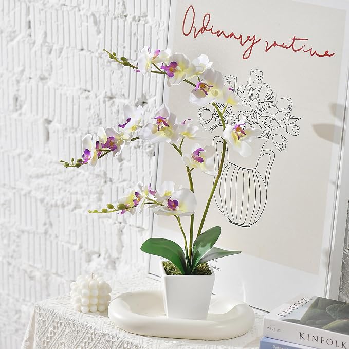Faux Orchid in Vase Tall Artificial Orchid in Ceramic Vase Tall Silk Orchids with Stems Real Look Potted Fake Phalaenopsis Arrangement Centerpiece Table Decorations for Home Decor Indoor, White