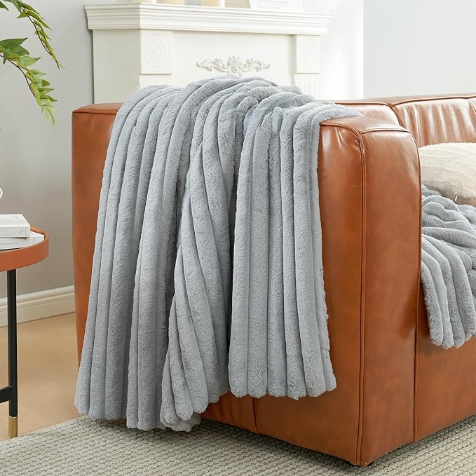 Faux Fur Throw Blanket for Couch, Cozy Fuzzy Fluffy Fur Luxurious Soft Striped Plush Gift Blankets for Family Sofa Chair Bedroom, 55"x70", Light Grey