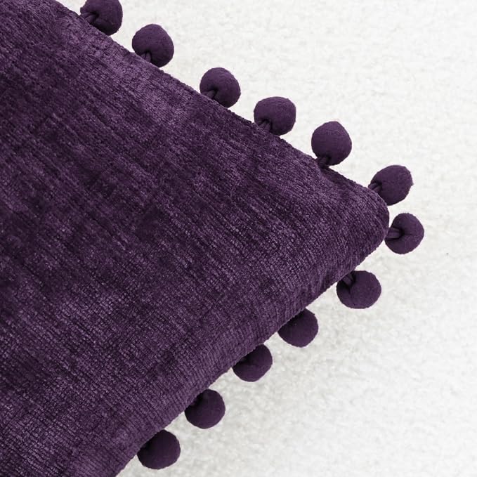 CaliTime Decorative Couch Throw Pillow Covers 22 X 22 Inches Plum Purple | Pack of 2, Cozy Chenille Cushion Cases, with Pom Poms for Sofa Bed Living Room Farmhouse Home