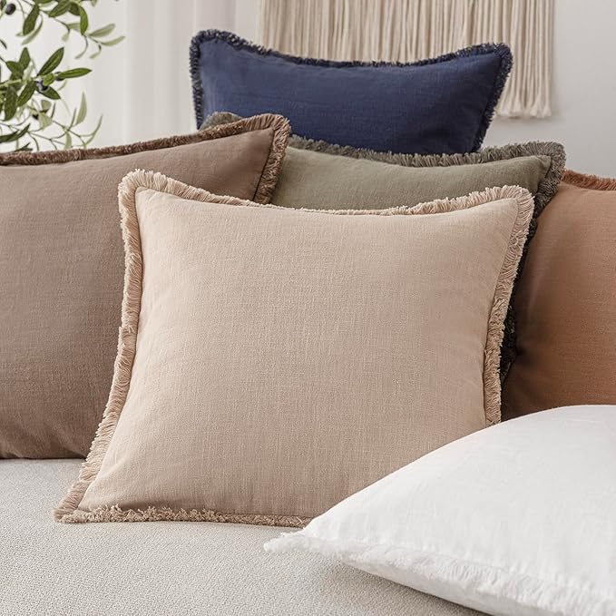 Foindtower Set of 2 Decorative Linen Fringe Throw Pillow Covers Boho Farmhouse Cushion Cover with Tassels Soft Accent Pillowcase for Couch Chair Sofa Bed Living Room Home Decor,20×20 Inch,Tan Beige