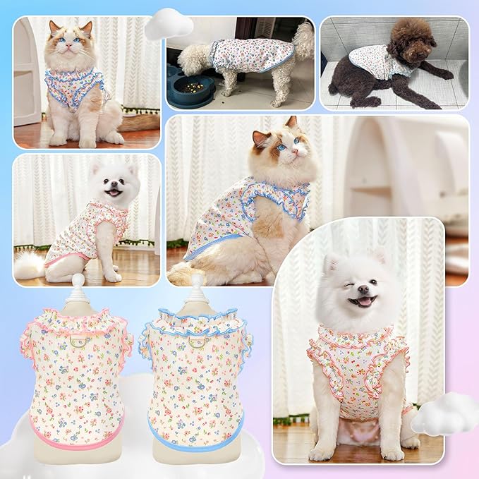 Dog Shirt for Small Dogs Breathable Summer Clothes with Ruffled Sleeves Dog Tshirt Stretchy Pet Tee for Puppies Sphynx Cats Kitten Frenchie Dachshund(2pack,Pink&Blue,Large)
