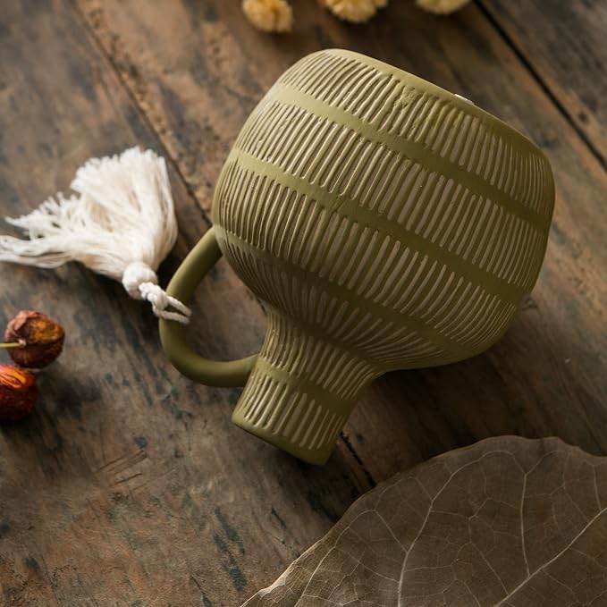 Mowtanco Farmhouse Vase with Handle and Tassel, Grey Yellow Vertical Stripes Design Clay Vase 10'' Tall - Ceramic Flower Vase for Rustic Home Decor, for Fireplace Kitchen Living Room Centerpieces