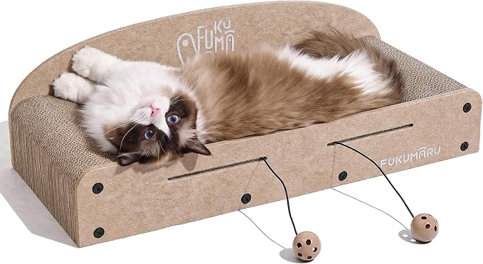 FUKUMARU Large Cat Scratcher Bed, 26 Inch Cat Scratching Bed Sofa Indoor | Cardboard Cat Scratcher with 2 Reversible Scratch Pad Refills, Durable Large Cat Scratching Lounger with Ball Toy, Beige