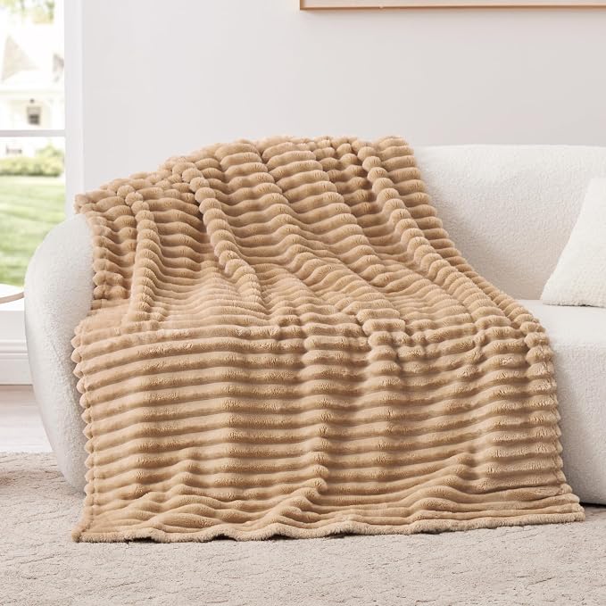 EXQ Home Fleece Throw Blanket for Couch or Bed - 3D Stripe Jacquard Decorative Blankets - Cozy Soft Lightweight Fuzzy Flannel Blanket Suitable for All Seasons(50"×60",Camel)
