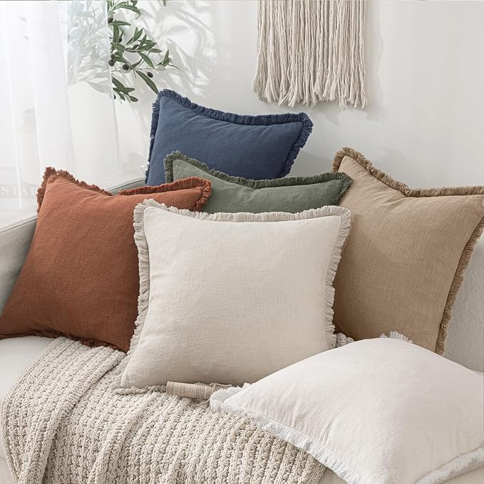 MIULEE Boho Linen Fringe Decorative Euro Throw Pillow Covers Camel 26x26 | Set of 2, Cottagecore Decor, Boho Farmhouse Neutral Pillow Covers, Rustic Couch Cushion Cases for Sofa Bed Living Room