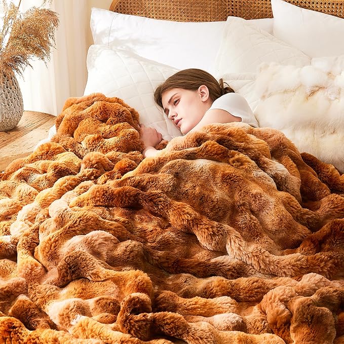L'AGRATY Faux Fur Throw Blanket for Couch, 60''x80'' Tie-Dye Caramel Brown | Soft Cozy Bubble Fluffy Blanket for Sofa Bed, Thick Warm Plush Fuzzy Throw for Room Home Decor, Luxury Gift for Women Mom