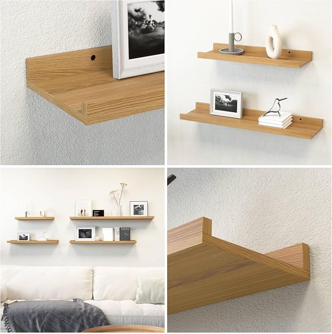 Boswillon Floating Shelves Set of 2, Small Wall Shelf with Lip, 16in, Oak | Display Ledge Shelf for Room Wall, Wall Decor Shelves for Bathroom, Living Room, Bedroom, Kitchen, Nursery Room, Rustic, Wood