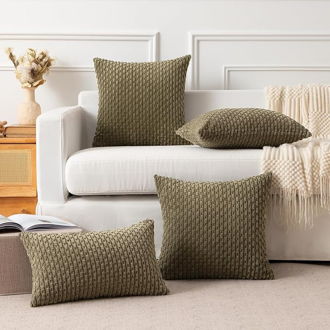 Kevin Textile Soft Corduroy 12"x24" Lumbar Pillow Cover 1 Pack, Olive Green | Boho Stripe Plush Corduroy Decorative Oblong Cushion Cover Modern Farmhouse Home Decor for Sofa Couch Bed Chair