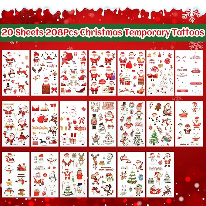JUNEBRUSHS Glowing Christmas Temporary Tattoos for Kids, 20 Sheets Kids Tattoos Christmas Stocking Stuffers Glow in the Dark Decorations for Boys Girls Christmas Face Makeup Gift Filler
