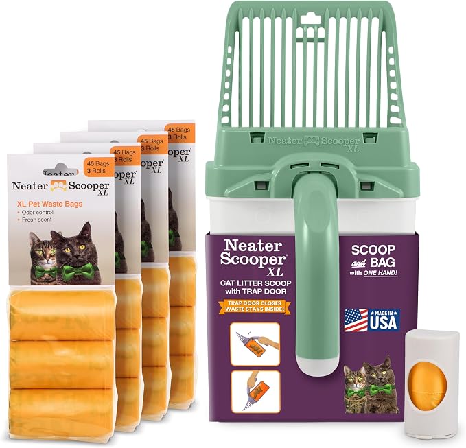 Neater Pet Brands Neater Scooper XL Cat Litter Scoop, 195 Refill Bags – Extra-Large Capacity Mess-Free Cat Litter Scooper with Bag for Large & Multiple Cats, Spill-Proof Litter Box Scooper with Holder