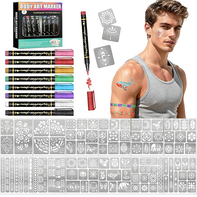 Temporary Tattoo Markers for Skin, 8 Temporary Tattoo Markers + 94 Geometry Tattoo Stencils for Kids Teens, Flexible Brush Tip & Bright Colors Body Marker and Fake Tattoo Stencil Set for Party Favor