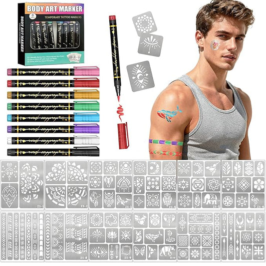 Temporary Tattoo Markers for Skin, 8 Temporary Tattoo Markers + 94 Geometry Tattoo Stencils for Kids Teens, Flexible Brush Tip & Bright Colors Body Marker and Fake Tattoo Stencil Set for Party Favor