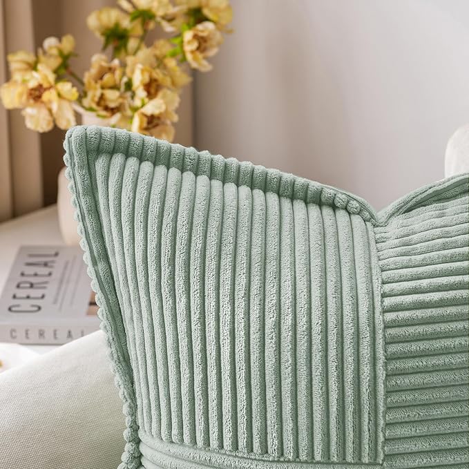MIULEE Decorative Throw Pillow Covers for Couch 18x18 Inch Greyish Green | Boho Broadside Striped Patchwork Pillow Covers, Soft Corduroy Cushion Cases, For Sofa Bed Livingroom Home Decor