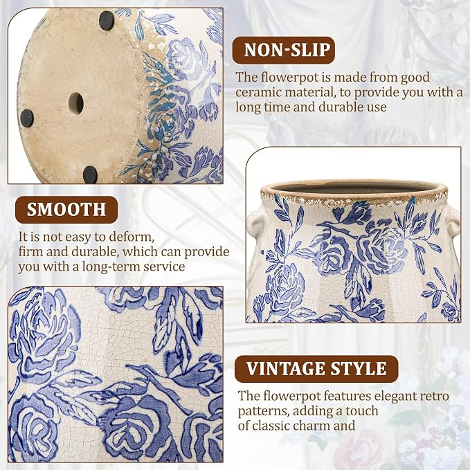 Ceramic Scroll Planter 6.5 Inch Chinoiserie Floral Vase with Drainage Holes Vintage Flower Vase Flower Pot Rustic Ceramic Pots for Indoor Plants Garden Home Bookshelf Decor (Blue)