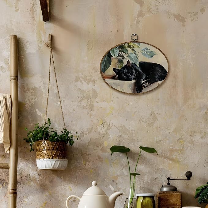 LKETW Vintage Black Cat Sleeping Oval Wall Art Decor, Black Cat Gifts for Women Oval Canvas Hanging Decor, Cottagecore Farmhouse Kitty Wall Decorations for Home Bedroom Living Room, 8.6x11.4 Inch