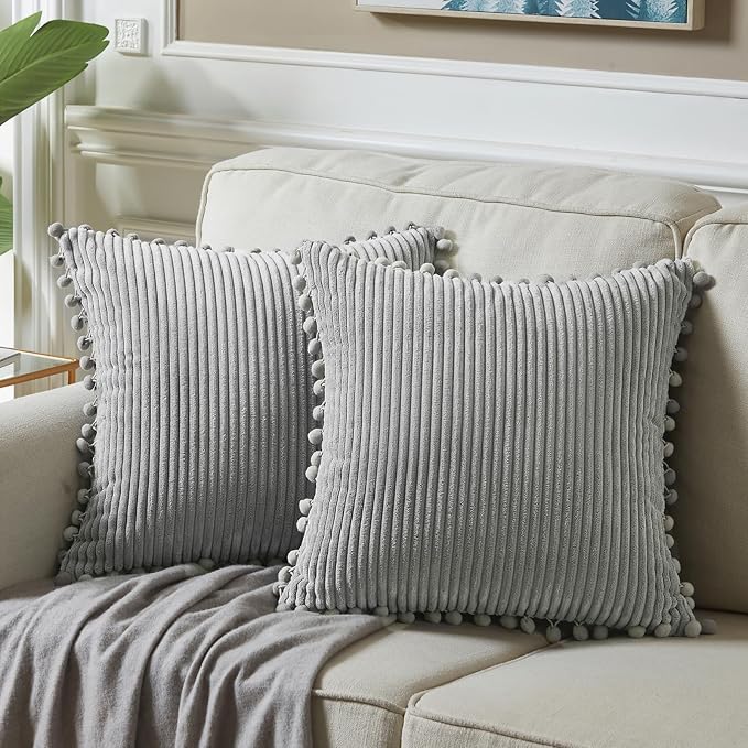 Fancy Homi Set of 2 Neutral Grey Decorative Throw Pillow Covers 12x12 Inch with Pom-poms for Couch Bed Sofa, Modern Farmhouse Boho Home Decor, Soft Plush Corduroy Cute Cushion Case 30x30 cm