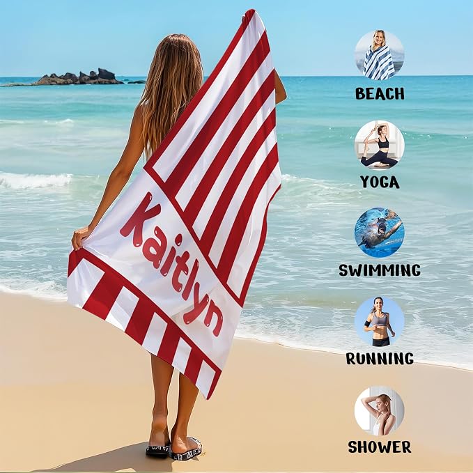 JML Personalized Beach Towel with Name, Custom Cabana Stripe Beach Towel, Customized Microfiber Pool Towel, Quick Dry & Absorbent Swim Towel for Adult,Anniversary, Birthday, Summer Holiday,Vacation