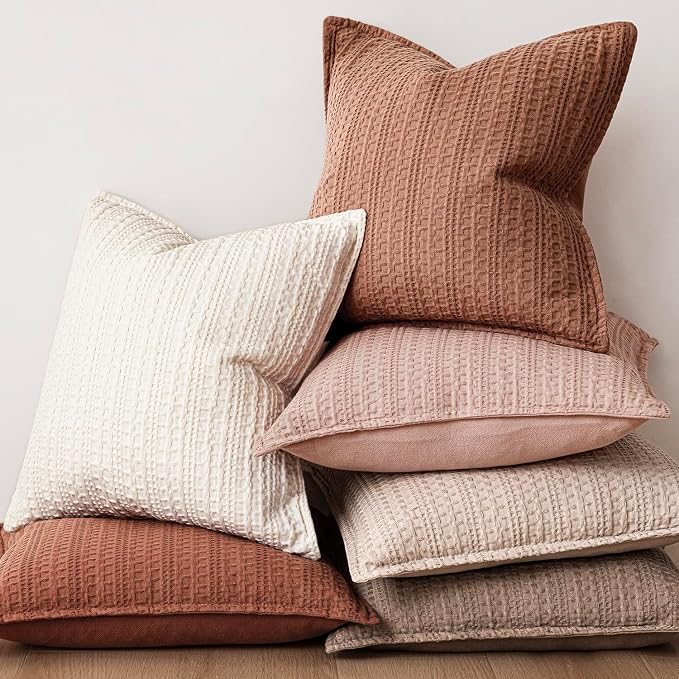 Foindtower Set of 2 Decorative Cotton Waffle Weave Throw Pillow Covers Euro Shams Cushion Covers Accent European Pillowcase for Bed Couch Sofa Bedroom Living Room Home Decor 20×20 Inch Coral Pink