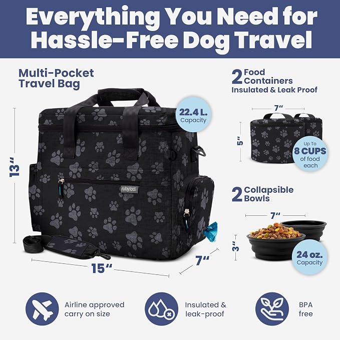 Rubyloo Original Doggy Bag™ Dog Travel Bag for Supplies with Travel Bowls