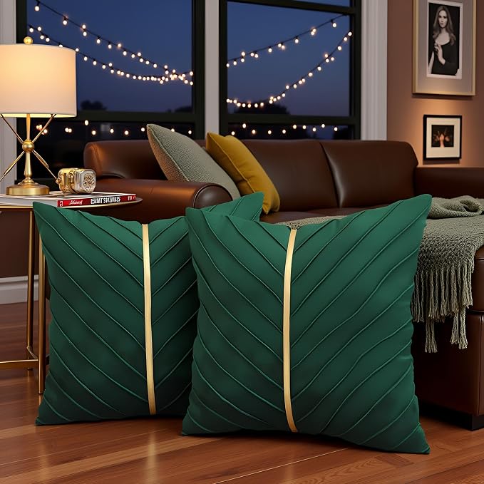 Velvet Throw Pillow Covers 22x22 Pack of 2 Gold Decor Dark Green | Soft Solid Pillow Covers,Modern Luxury Xmas Decor,for Couch Chair Sofa Bedroom Livingroom,Hidden Zipper,Ideal Gift,Easy Care