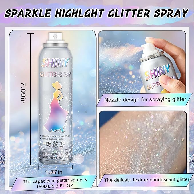 AWCCXMYM 150ML Body Glitter Spray Shiny Hair Glitter Long-Lasting and Quick-Drying Glitter Spray for Hair and Body Shimmer Glitter Hairsparay Halloween,Christmas,Festival Makeup Prom 5.2 Fl Oz