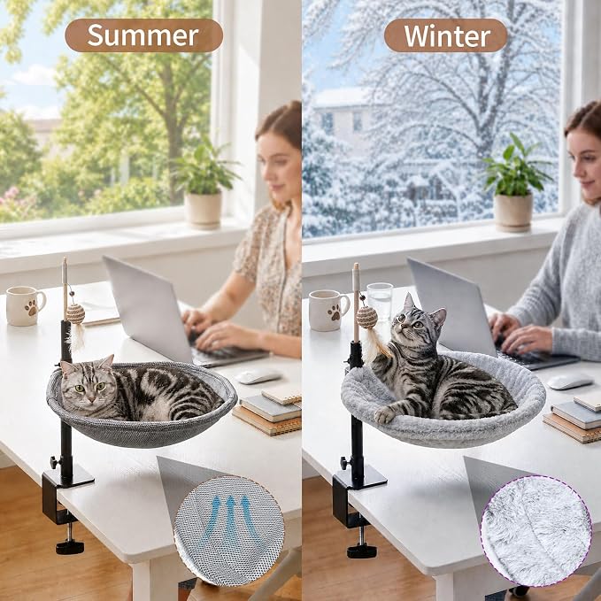 Cat Desk Bed Hammock for Home Office 360° Rotatable Cat Perch | Washable Mesh & Faux Fur Covers, Holds 40 lbs, Space-Saving Cat Furniture for Indoor Cats & Large Pets Drill-Free Clamp