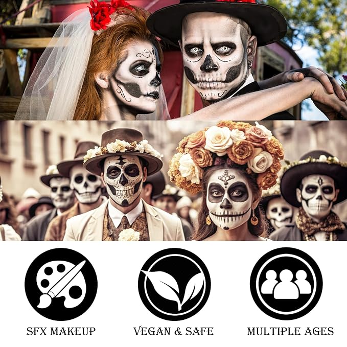 Black White Grey/Gray Face & Body Paint - Blendable Facepaint Foundation with Sponge & Brush for Skin, Professional Halloween Face Make-up Kit for Pale Zombie Skeleton Skull Mime Ghost Goth Costume