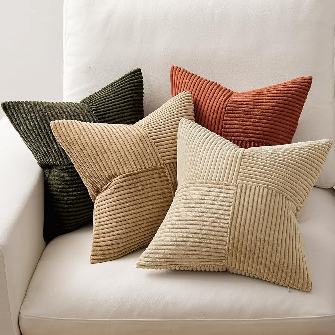 MIULEE Rust-Olive Green Decorative Throw Pillow Covers 20x20 Inch Set of 4 Boho Color-Clash Cushion Cases Farmhouse Pillow Cases Corduroy Striped Home Decor for Couch Sofa Living Room Bed