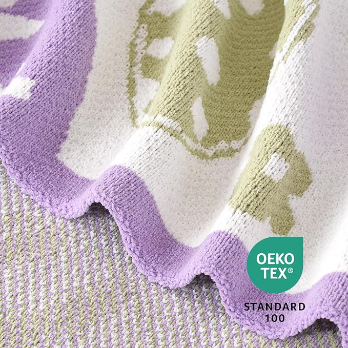 Animal Chenille Throw Blanket for Couch, Bunny and Eggs Knit Throws, Cozy Soft Summer Party Themed Blankets for Sofa, Bed, Gift & Decor, 50"x60", Purple/Green