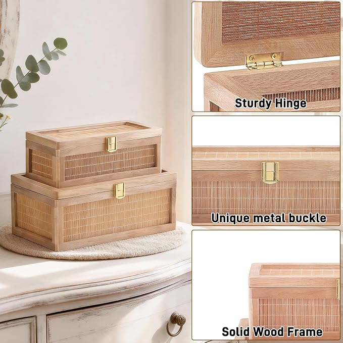 Natural Bamboo Decorative Box with Lids, Unique Decorative Boxes Set of 2, Boho Wedding Keepsake Box, Memory Box with Lid for Crafts, trinkets and Photo Storage