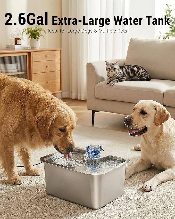 PETNF 2.6-Gallon 304 Stainless Steel Dog Water Fountain for Large Dogs, Extra Wide Drinking Area, Automatic Water Bowl Dispenser for Large Dogs & Multi-Pet Homes, 7-Stage Filtration System, Quiet Pump