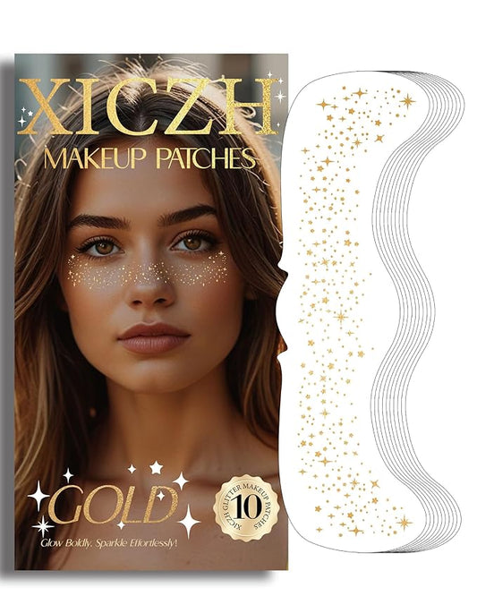 Face Glitter, Gold Temporary Face Tattoos Stickers, Body Face Glitter for Women Girls, Country Concerts Singer Festival Rave Accessories (Gold - 10 pcs)