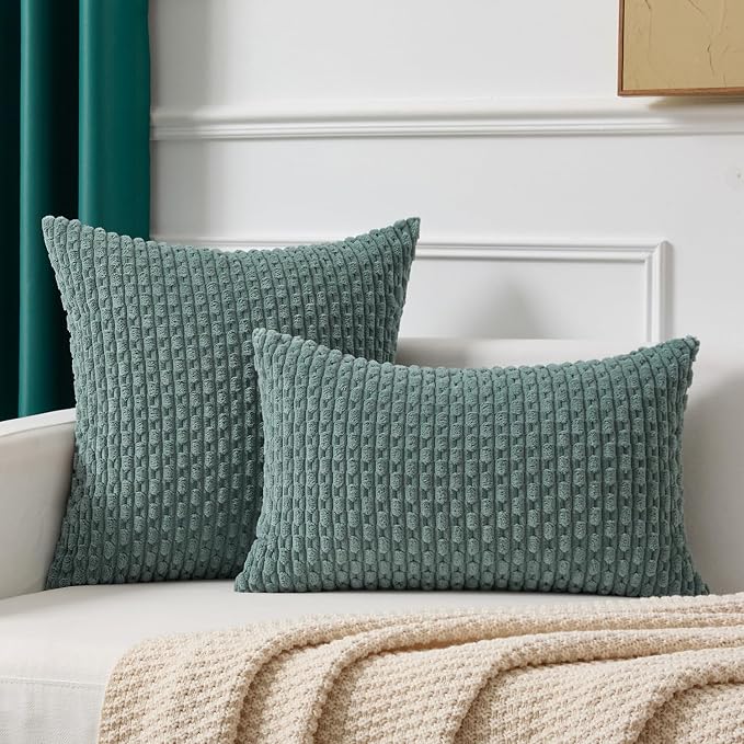 Kevin Textile Soft Corduroy 12"x20" Lumbar Pillow Cover 1 Pack, Teal Green | Boho Stripe Plush Corduroy Decorative Oblong Cushion Cover Modern Farmhouse Home Decor for Sofa Couch Bed Chair