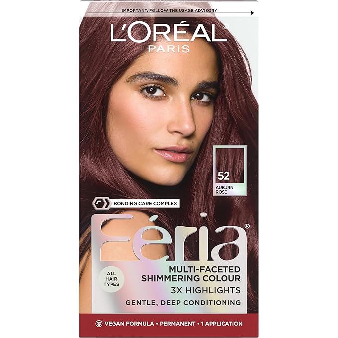 L’Oreal Paris Feria Multi-Faceted Shimmering Permanent Hair Color, High Intensity Hair Dye for 3X Highlights, 52 Auburn Rose, 1 Hair Dye Kit