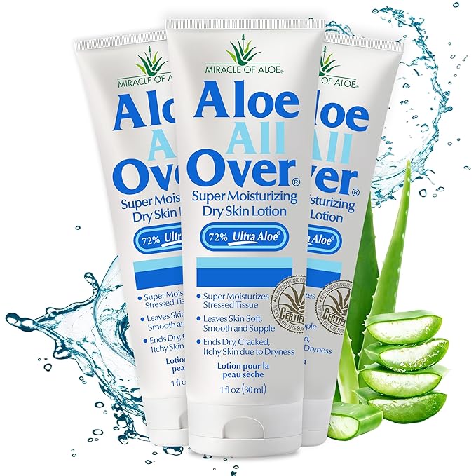 Miracle of Aloe Aloe All Over Super Moisturizing Dry Skin Lotion (3-Pack, 1 oz) - Made with 72% UltraAloe Aloe Vera Gel. Safe for Everyone: Men, Women, Kids. Restores Dry Skin Fast