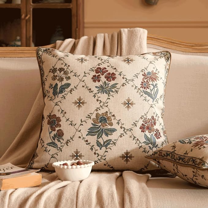 patdrea French Vintage Linen Throw Pillow Cover,18"x18",Set of 2-Audrey A | Decorative Pillow Case with Zipper,Brown Floral Pattern,Pillow Cover for Couch Living Room Bedroom Sofa