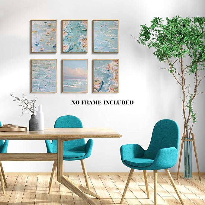 Coastal Beach Canvas Wall Art Set of 6, Abstract Ocean Sailing Boats and Surfboard Posters Wall Decor, Aesthetic Seaside Landscape Artwork Posters Prints for Living Room Bedroom 12x16 Inch Unframed12x16 Inch