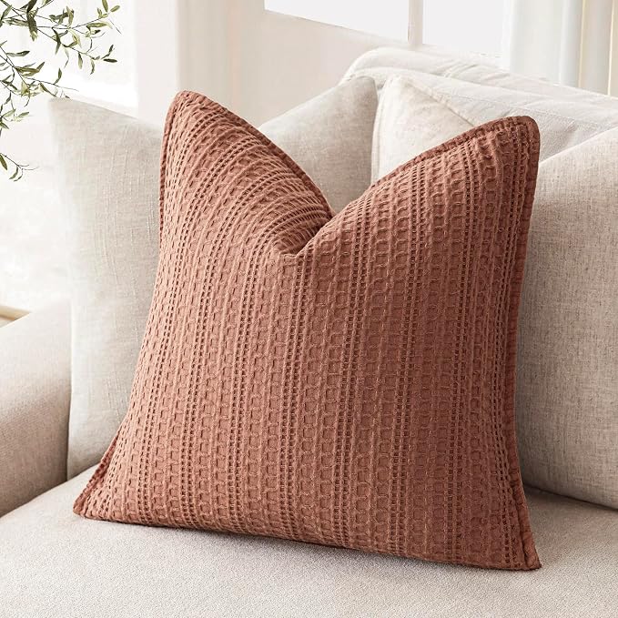 Foindtower Set of 2 Decorative Cotton Waffle Weave Throw Pillow Covers Euro Shams Cushion Covers Accent European Pillowcase for Bed Couch Sofa Bedroom Living Room Home Decor 20×20 Inch Coral Pink