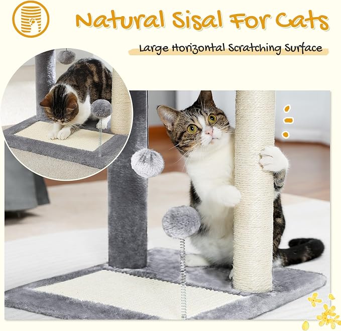 PAWZ Road Cat Scratching Post with Bed, Small Cat Tower with Pad & Ball | 19” Cat Stand with Padded Removable Bed, Full Sisal Scratching Post & Scratcher Pad Dual Play Ball for Kittens & Indoor cats