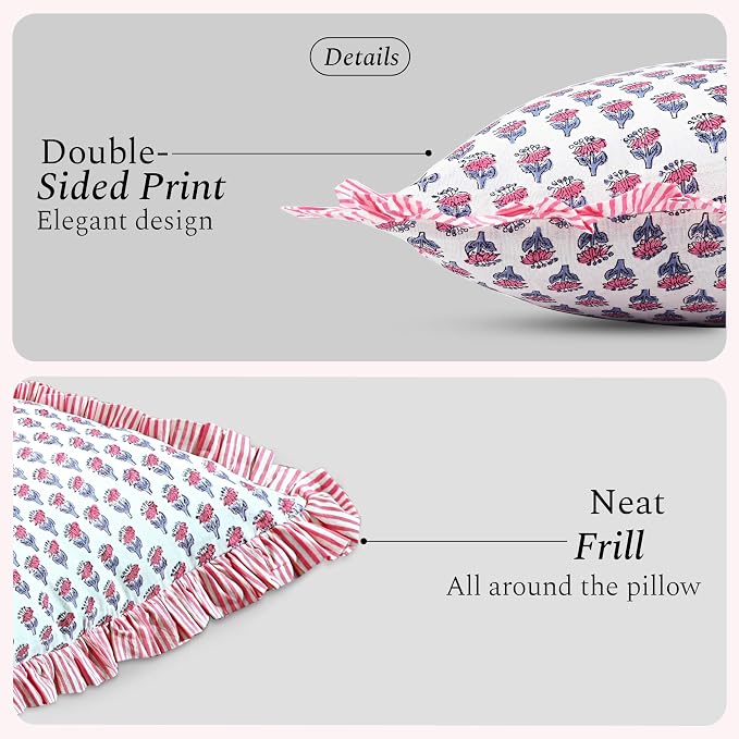CPC Pink Sapphire Ruffle Throw Pillow Covers for Couch, 18x18 Inch Cotton Stripe Ruffle Couch Pillows for Living Room, Hidden 14 Inch Zipper Boho Pillow Case or Cute Outdoor Pillows