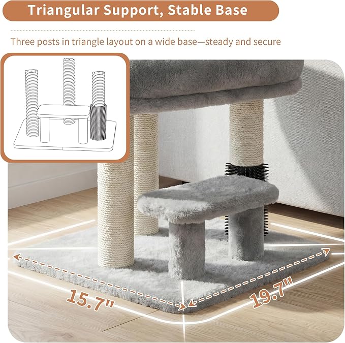 Heybly Cat Scratching Post with Grooming Brush & Gentle Step, HSP001SW | Small Cat Tree with 4 Full Sisal Posts, Removable Plush Bed, Stable & Space-Saving Cat Furniture for Indoor Cats, Light Gray
