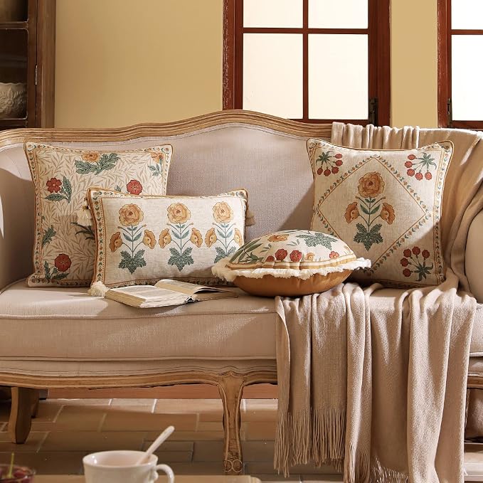 patdrea French Vintage Linen Throw Pillow Cover,18"x18"-RosaSilvestre A | Decorative Pillow Case with Zipper,Yellow Floral Pattern,Cushion Coverfor Couch Living Room Bedroom Sofa