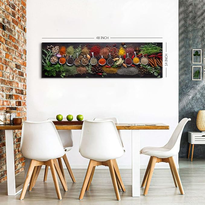 Large Colorful Kitchen Wall Art Spices Herb Food Picture for Dining Room Wall Decor Vintage Seasoning Herb Spoon Canvas Prints Poster Modern Family Bar Painting Artwork Home Decorations 14x48”