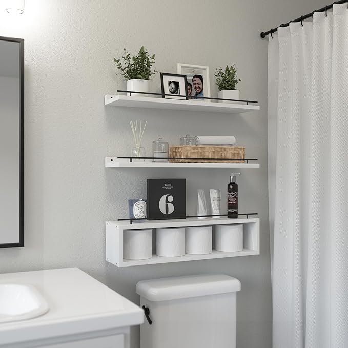 Floating Shelves for Wall 24 inch with Cube Shelf, Wall Shelves with Metal Rail for Bathroom Decor, Bathroom Organizers and Storage, Over Toilet Shelves, Toilet Paper-White