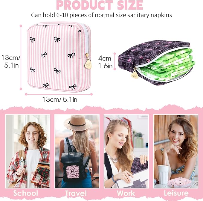 Sanitary Pad Storage Bag Portable Period Bag for Teen Pads/Sanitary Napkins/Small Tampons, Sanitary Napkin Storage Bag First Period Gifts for Teen Girls (Pink Plaid Bowknot)