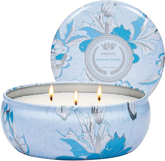 M&SENSE Ocean Waters Scented Candles 12oz, Large 3 Wick Soy Tin Candle, Over 40 Hour Burning Time, 100% Natural Vegan Wax Relaxing Aromatherapy Aesthetic Candle Gift for Women Men
