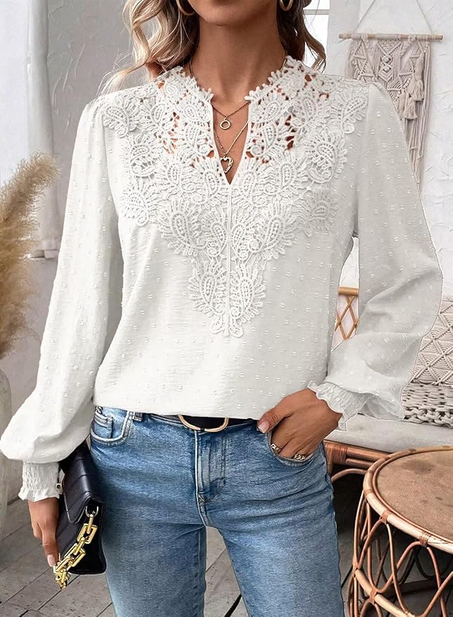 Womens Tops Swiss Dot Boho Long Sleeve Shirts V Neck Casual Chiffon Blouses Flowy Lace Hem Cute Clothing Trendy 2026